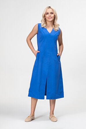 Bold and Young Kadın Yırtmaçlı V Yakalı Kolsuz Pamuklu Elbise