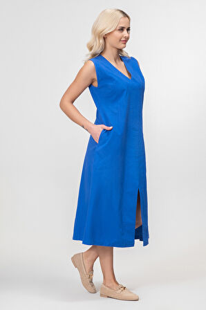 Bold and Young Kadın Yırtmaçlı V Yakalı Kolsuz Pamuklu Elbise