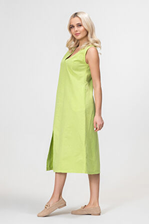 Bold and Young Kadın Yırtmaçlı V Yakalı Kolsuz Pamuklu Elbise