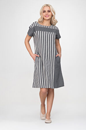 Bold & Young Kadın Cepli Çizgili Düz Kumaş Kombinli  Pamuklu Kumaş Yırtmaçlı Elbise