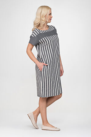 Bold & Young Kadın Cepli Çizgili Düz Kumaş Kombinli  Pamuklu Kumaş Yırtmaçlı Elbise