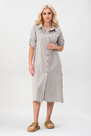 BOLD & YOUNG Kadın Cepli Çizgili Pamuklu Düğmeli Yırtmaçlı Gömlek Elbise