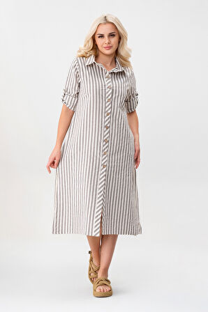 BOLD & YOUNG Kadın Cepli Çizgili Pamuklu Düğmeli Yırtmaçlı Gömlek Elbise