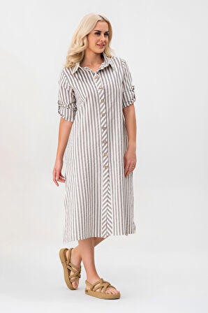 BOLD & YOUNG Kadın Cepli Çizgili Pamuklu Düğmeli Yırtmaçlı Gömlek Elbise