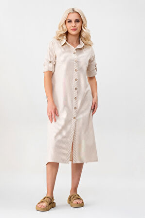 BOLD & YOUNG Kadın Cepli Çizgili Pamuklu Düğmeli Yırtmaçlı Gömlek Elbise