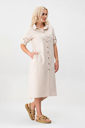 BOLD & YOUNG Kadın Cepli Çizgili Pamuklu Düğmeli Yırtmaçlı Gömlek Elbise