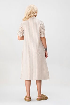 BOLD & YOUNG Kadın Cepli Çizgili Pamuklu Düğmeli Yırtmaçlı Gömlek Elbise