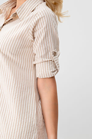 BOLD & YOUNG Kadın Cepli Çizgili Pamuklu Düğmeli Yırtmaçlı Gömlek Elbise