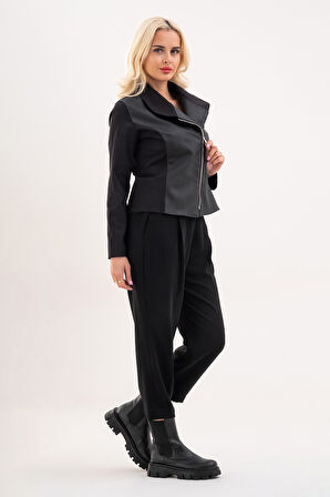 Bold & Young Siyah Deri Detaylı Fermuarlı Kadın Ceket 