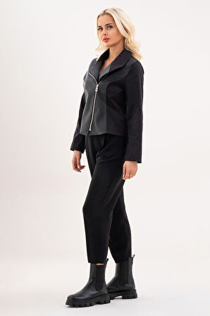Bold & Young Siyah Deri Detaylı Fermuarlı Kadın Ceket 