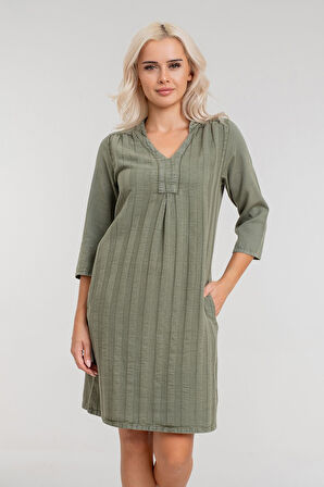 Bold & Young Kadın Cepli 3/4 Kol Çekmez Omuz Büzgülü A Pli Pamuklu Dokuma Kumaş Efsane Elbise