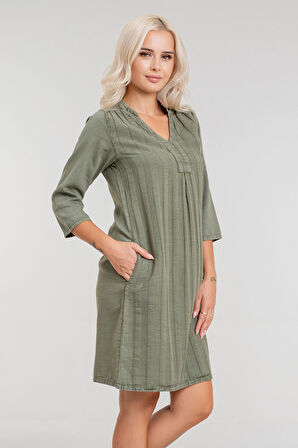 Bold & Young Kadın Cepli 3/4 Kol Çekmez Omuz Büzgülü A Pli Pamuklu Dokuma Kumaş Efsane Elbise