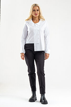 Bold & Young Kadın Manşetli Asimetrik Bebe Yaka  Likrali Pamuklu Bluz