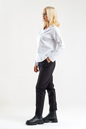 Bold & Young Kadın Manşetli Asimetrik Bebe Yaka  Likrali Pamuklu Bluz