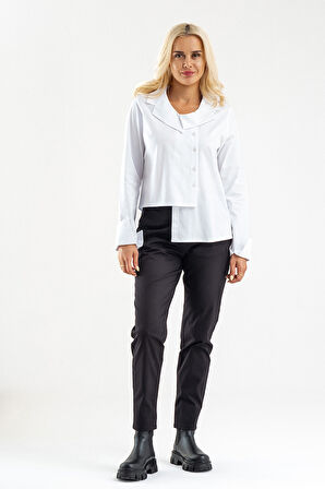 Bold & Young Kadın Manşetli Asimetrik Bebe Yaka  Likrali Pamuklu Bluz