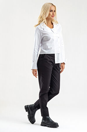 Bold & Young Kadın Manşetli Asimetrik Bebe Yaka  Likrali Pamuklu Bluz