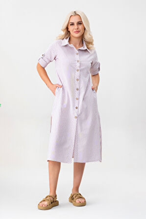 BOLD & YOUNG Kadın Cepli Çizgili Pamuklu Düğmeli Yırtmaçlı Gömlek Elbise