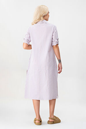 BOLD & YOUNG Kadın Cepli Çizgili Pamuklu Düğmeli Yırtmaçlı Gömlek Elbise