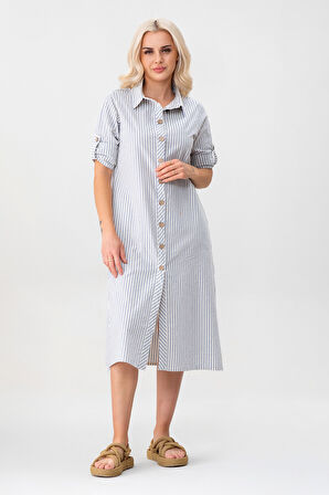 BOLD & YOUNG Kadın Cepli Çizgili Pamuklu Düğmeli Yırtmaçlı Gömlek Elbise