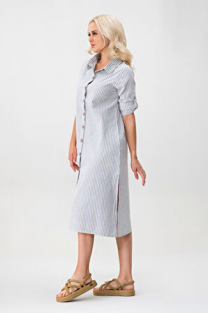 BOLD & YOUNG Kadın Cepli Çizgili Pamuklu Düğmeli Yırtmaçlı Gömlek Elbise