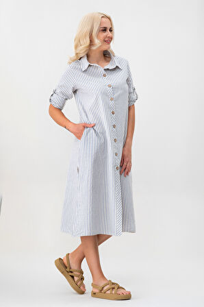 BOLD & YOUNG Kadın Cepli Çizgili Pamuklu Düğmeli Yırtmaçlı Gömlek Elbise