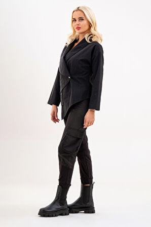 Bold & Young Kadın Polyamid Karışımlı Siyah Ceket – Cepli, Asimetrik, Tek Düğme