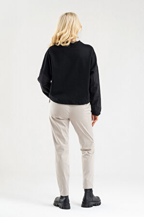 Bold Young Kadın Siyah Pamuk Likralı Sweatshirt – Polyamid Kumaş Detaylı Kordunlu