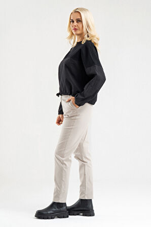 Bold Young Kadın Siyah Pamuk Likralı Sweatshirt – Polyamid Kumaş Detaylı Kordunlu