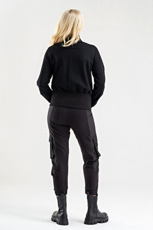 Siyah Volan Detaylı Fermuarlı Şık Sweat Ceket