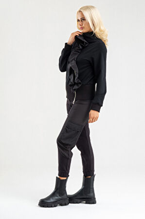 Siyah Volan Detaylı Fermuarlı Şık Sweat Ceket