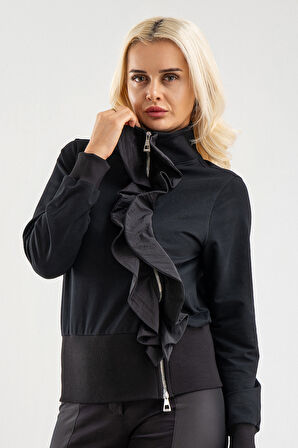 Siyah Volan Detaylı Fermuarlı Şık Sweat Ceket