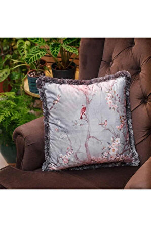 Kuşlu Bahçe Kadife Yastık/Kırlent (Dolgu Boncuk Elyaf, Uluslararası Yıkama Ve Solmama Sertifikası)