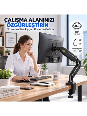 Luve Store NB F80 Gazlı Amortisörlü Tek Kollu Monitör Standı 17-27 İnç Hareketli Masaüstü Monitör Kolu VESA Uyumlu
