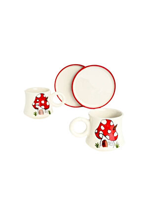 2’li Takım Mantar Ev Desenli, El Yapımı kazan Seramik Kahve Fincanı, Kahve Fincanı, Hand made