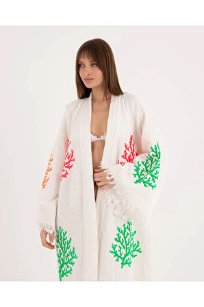 Müslin Kimono %100 Pamuklu Mercan Desenli Bornoz Kaftan Sabahlık