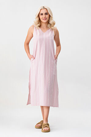 Bold & Young Kadın Çizgili Kolsuz Cepli Elbise 