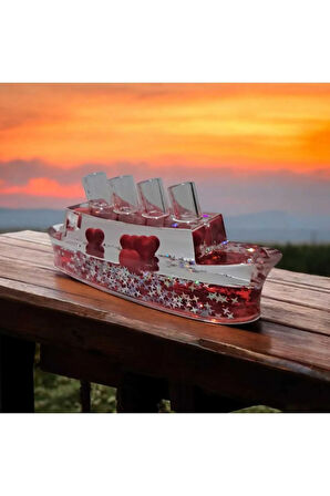 Kristal Gemi Modelli Batmayan Kırmızı Kalpler Dekoratif Kalemlikli Plastik Süs