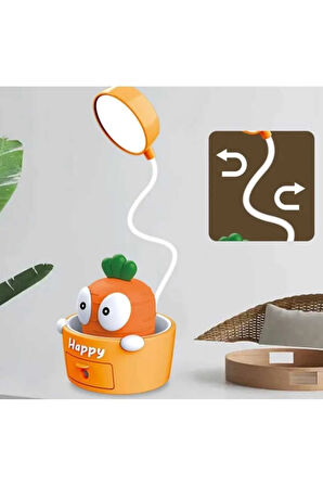 Karikatür Havuç-Ananas Figürlü Oynar Başlıklı 3 Kademeli Led Şarjlı Masa Lambası Kalem Tıraşlı