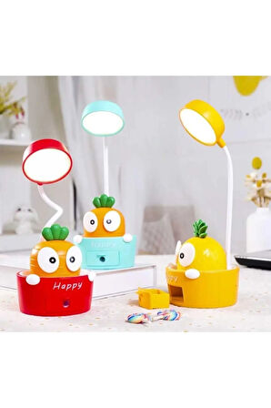 Karikatür Havuç-Ananas Figürlü Oynar Başlıklı 3 Kademeli Led Şarjlı Masa Lambası Kalem Tıraşlı
