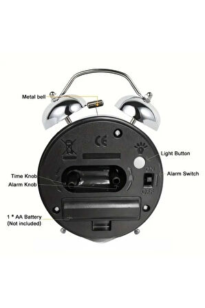 Metal Süper Yüksek Sesli Alarm Saati, Işıklı, Fosforlu, Gece Görünen Kadranlar, Sessiz Saniyeli