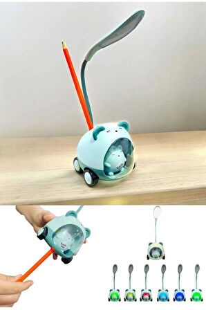 Sevimli Ayıcık Çocuk Masa Gece Lambası - Hazneli Kalem Traşlı Kalemlik Masa Lambası