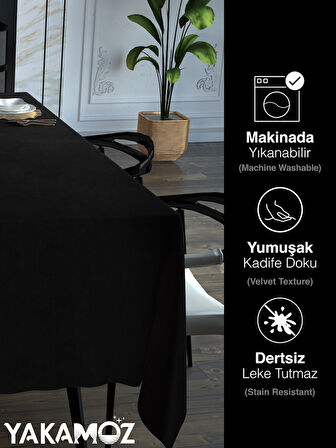 Yakamoz Siyah Renk Kadife Dokulu Masa Örtüsü  Dertsiz Velvet Touch Serisi 