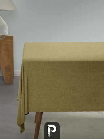 PERLE Yağ Yeşili Keten Dokulu Masa Örtüsü