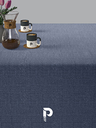 PERLE İndigo Rengi Keten Dokulu Masa Örtüsü