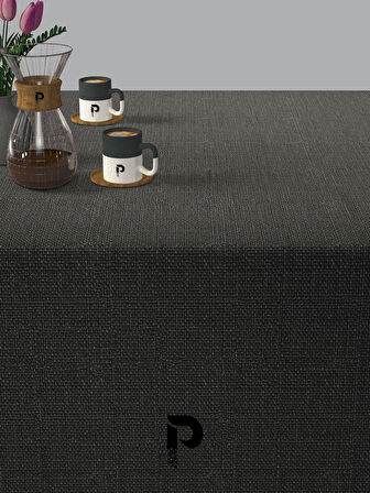 PERLE Koyu Gri Keten Dokulu Masa Örtüsü