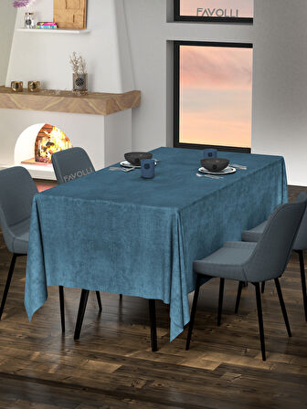 FAVOLLİ Kadife Dokulu Derin Mavi Rengi Masa Örtüsü