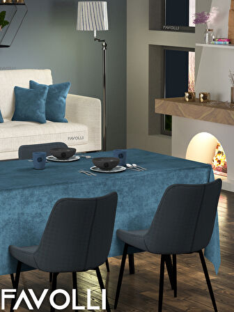 FAVOLLİ Kadife Dokulu Derin Mavi Rengi Masa Örtüsü