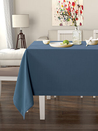 Pastel Koyu Mavi Rengi Masa Örtüsü Kadife Dokulu Leke Tutmaz