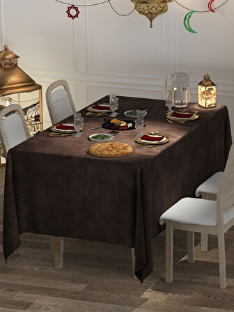 FAVOLLİ Kadife Dokulu Kahverengi Masa Örtüsü