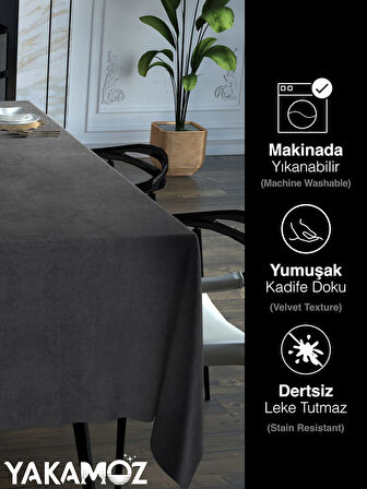 Yakamoz Karanlık Gri Kadife Dokulu Masa Örtüsü  Dertsiz Velvet Touch Serisi 